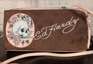 Ed Hardy Brown Small Skull & Rose Crossbody Bag Zip Closure w/ Detachable Strap